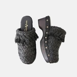 Sans Arcidet Women's Paris Black Rafia Fringe Clogs Open Back Size 41‎